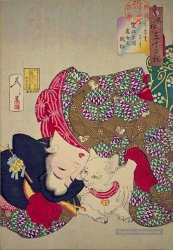  belle - une jeune femme de la période Kansei jouant avec son chat Tsukioka Yoshitoshi belles femmes